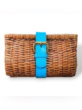 Three Islands Wicker Clutch Bag Blue Strap Floral Lining Coastal Chic